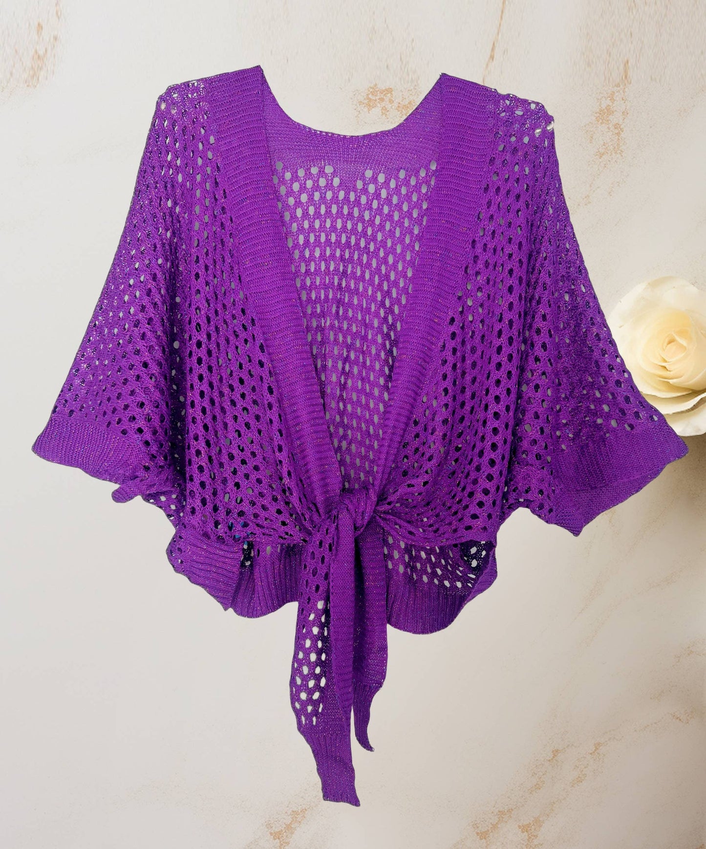 Eyelet Open-Knit Metallic Cardigan with Front Tie