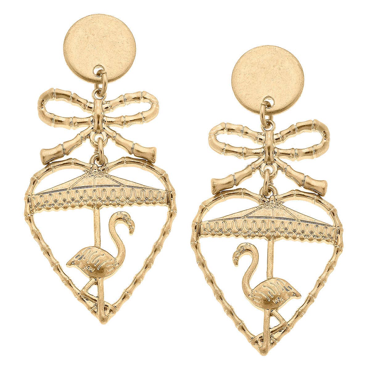 Claudette Flamingo & Bamboo Heart Drop Earrings in Worn Gold