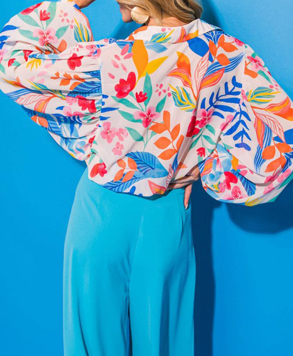 Vibrant Floral Printed Billowy Sleeve Shirt