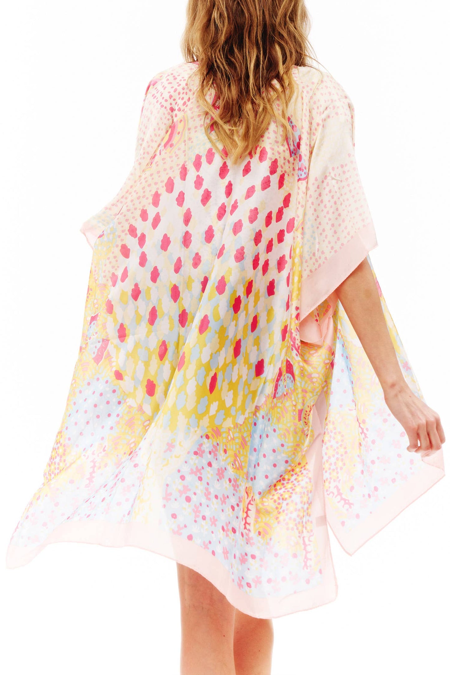 Abstract Multi Print Translucent Cover-Up Kimono: Green Pink