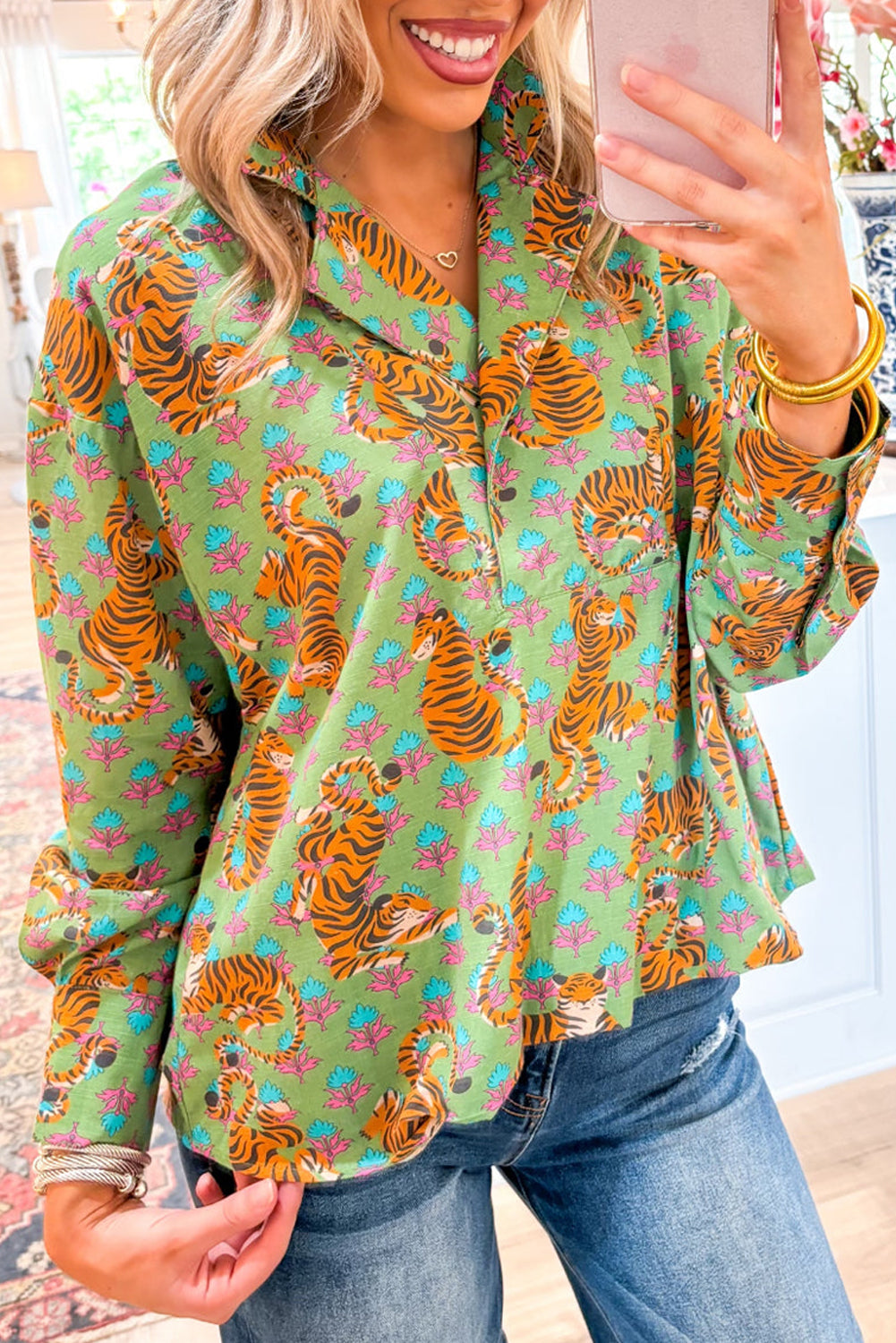 Green Tiger Floral Printed Collared V Neck Casual Shirt