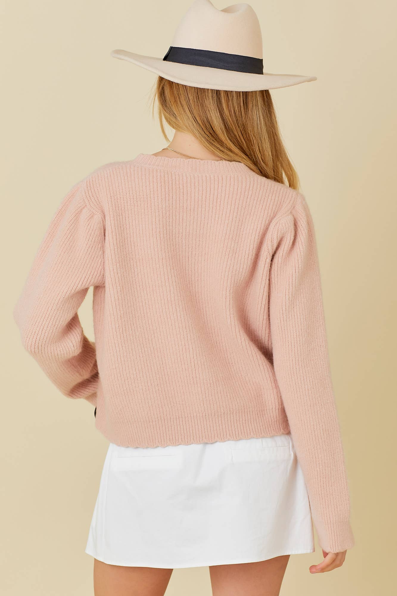 Bow Trim Casual Cardigan: DUSTY PEACH