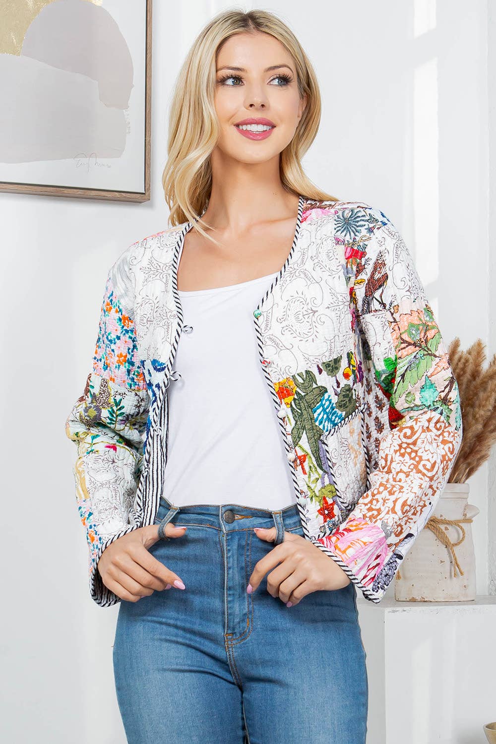 Floral Print Quilted Patch Cotton Jacket White