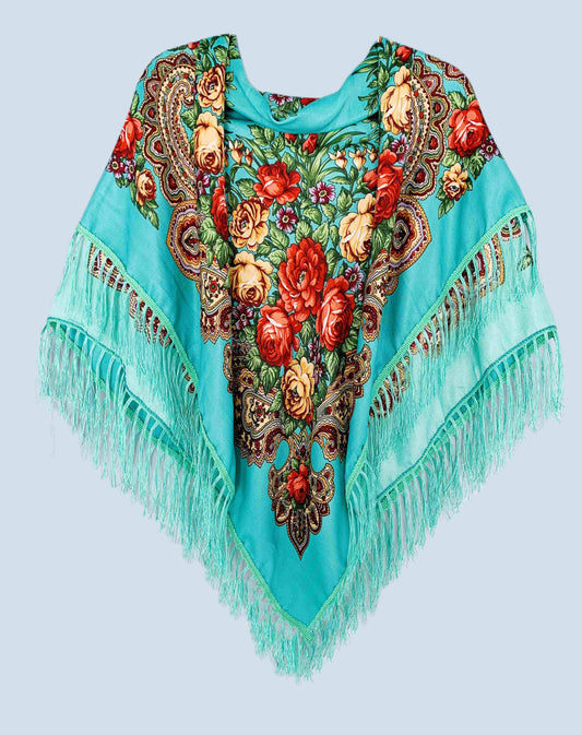 Floral Fringe-Detailed  Square Scarf/Shawl: Aqua