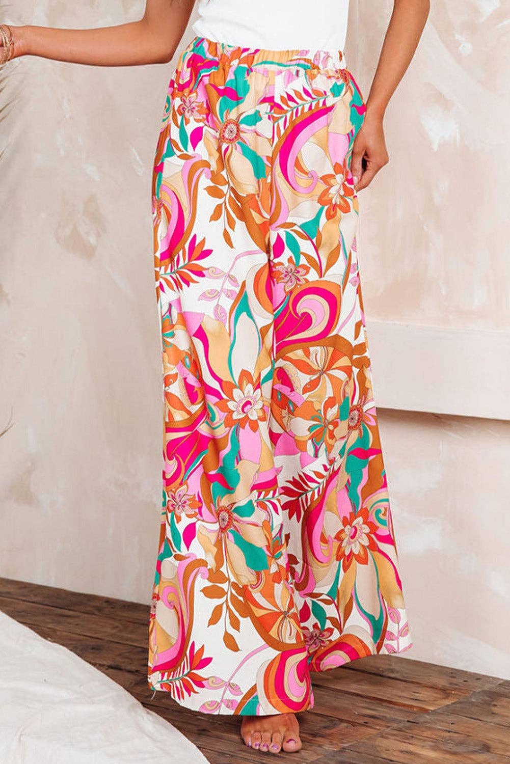 Orange Floral Print Wide Leg Pants: Orange