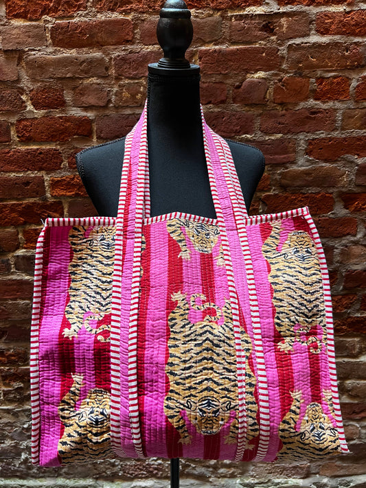 Vibrant Striped Quilted Tote in Pink on Pink