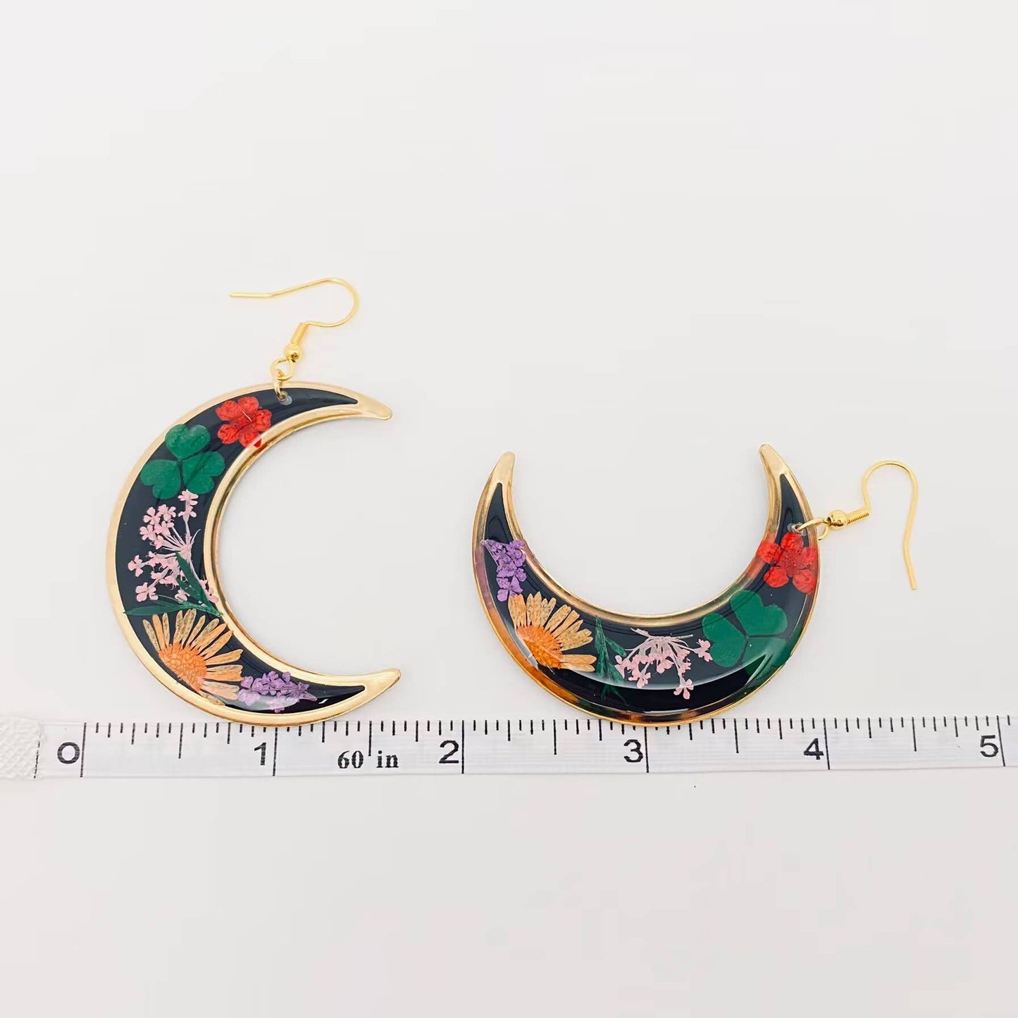 Dried Flowers Floral Large Black Crescent Earrings -PDF/MS: Black