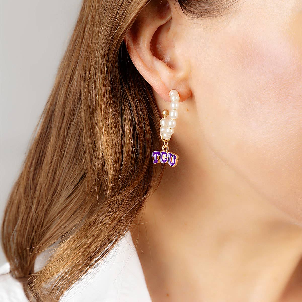 TCU Horned Frogs Pearl Hoop Enamel Drop Earrings in Purple