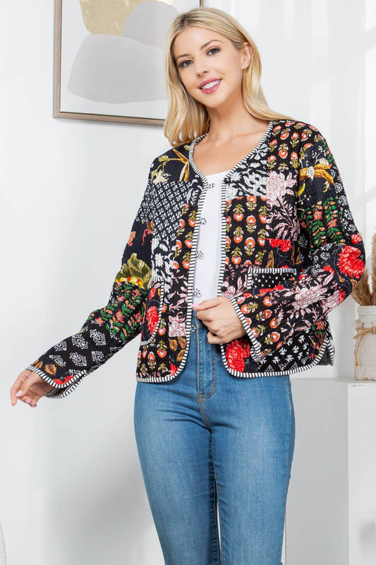 Floral Print Quilted Patch Cotton Jacket Black