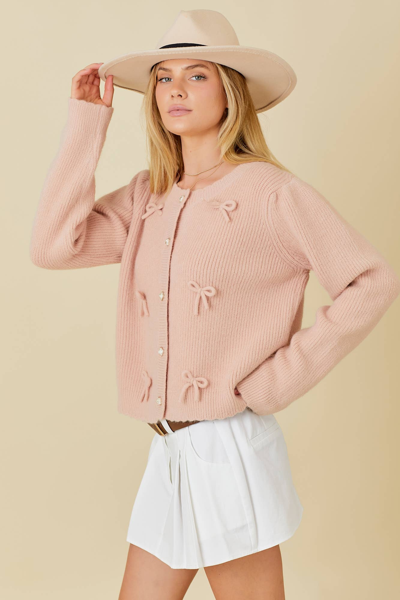 Bow Trim Casual Cardigan: DUSTY PEACH