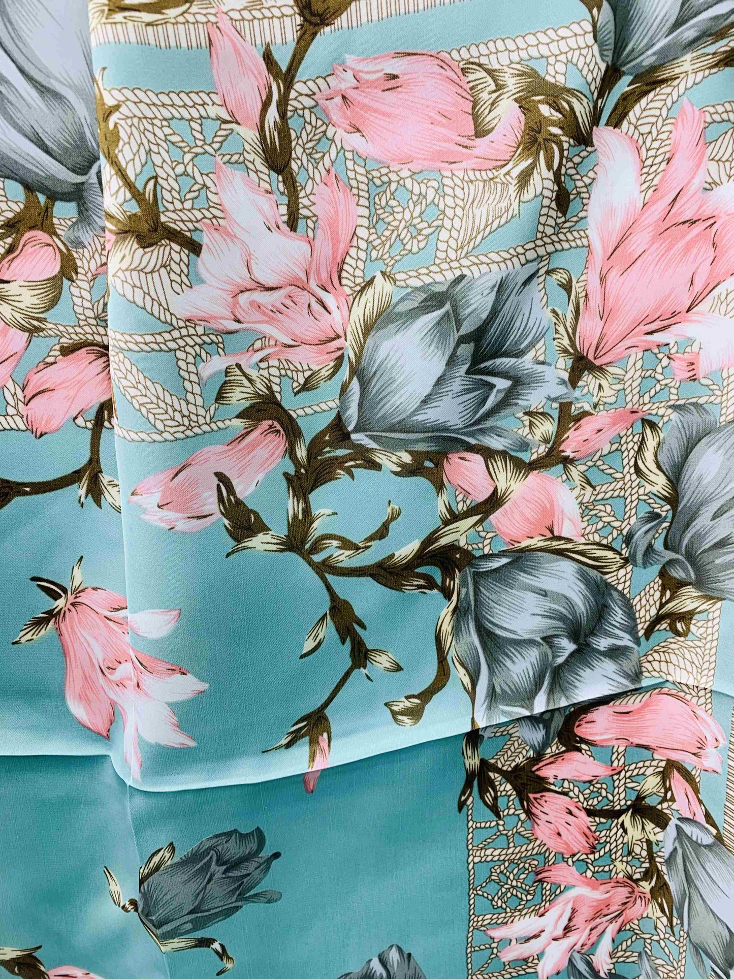 Luxurious Silky Square Scarf--Aqua & Pink Floral