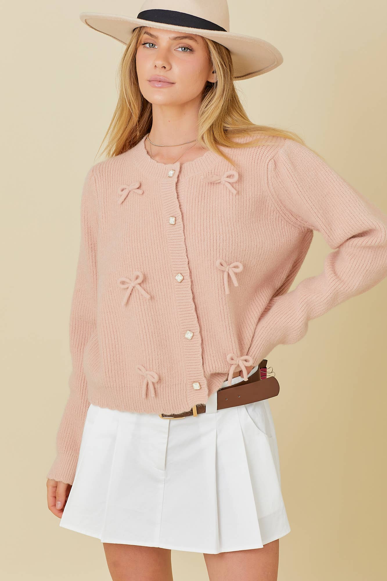 Bow Trim Casual Cardigan: DUSTY PEACH