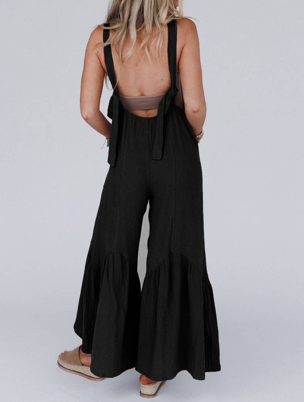 Wide Leg Ruffle Jumpsuit: Black