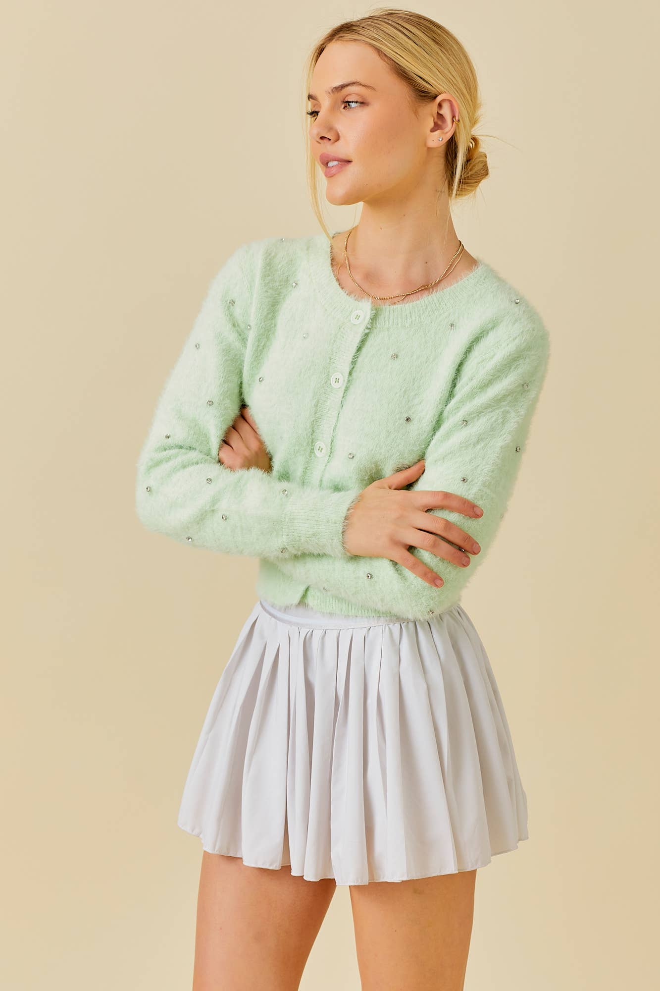 Stone Trim Mohair Cardigan: SAGE