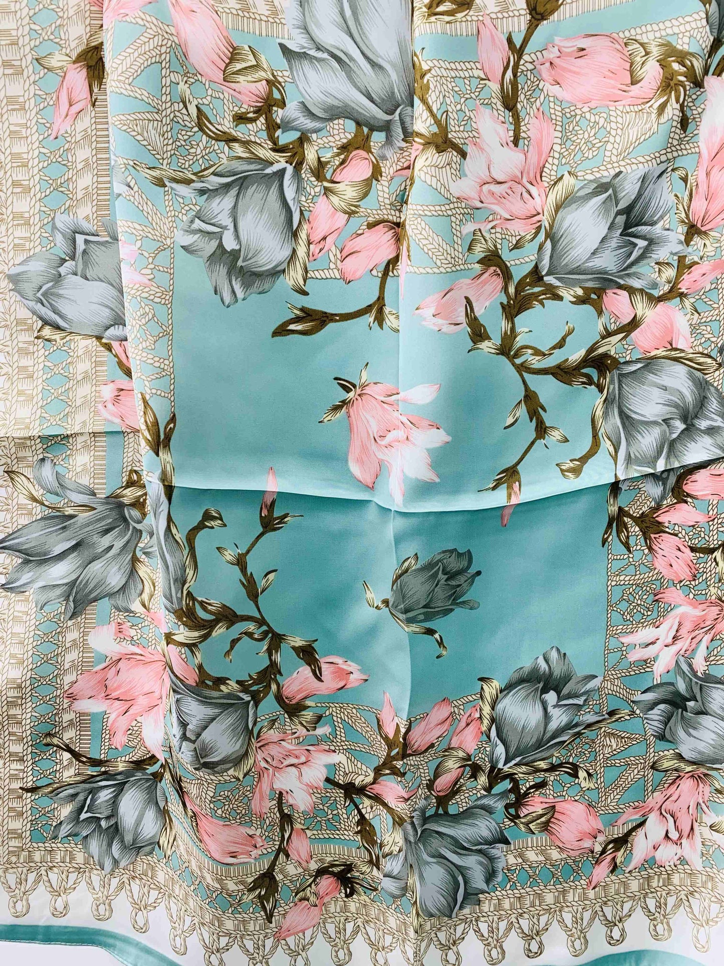 Luxurious Silky Square Scarf--Aqua & Pink Floral