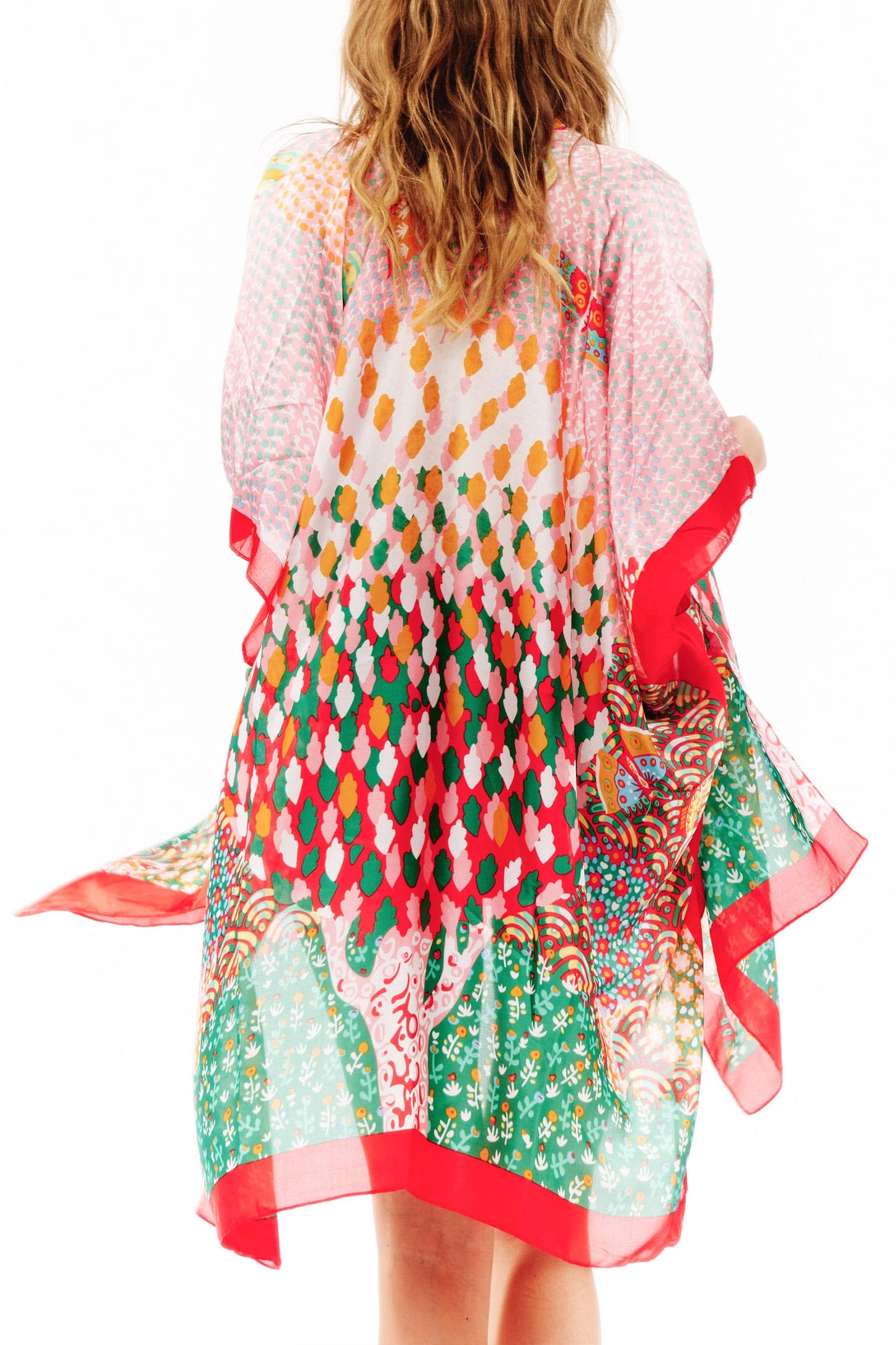 Abstract Multi Print Translucent Cover-Up Kimono: Green Pink