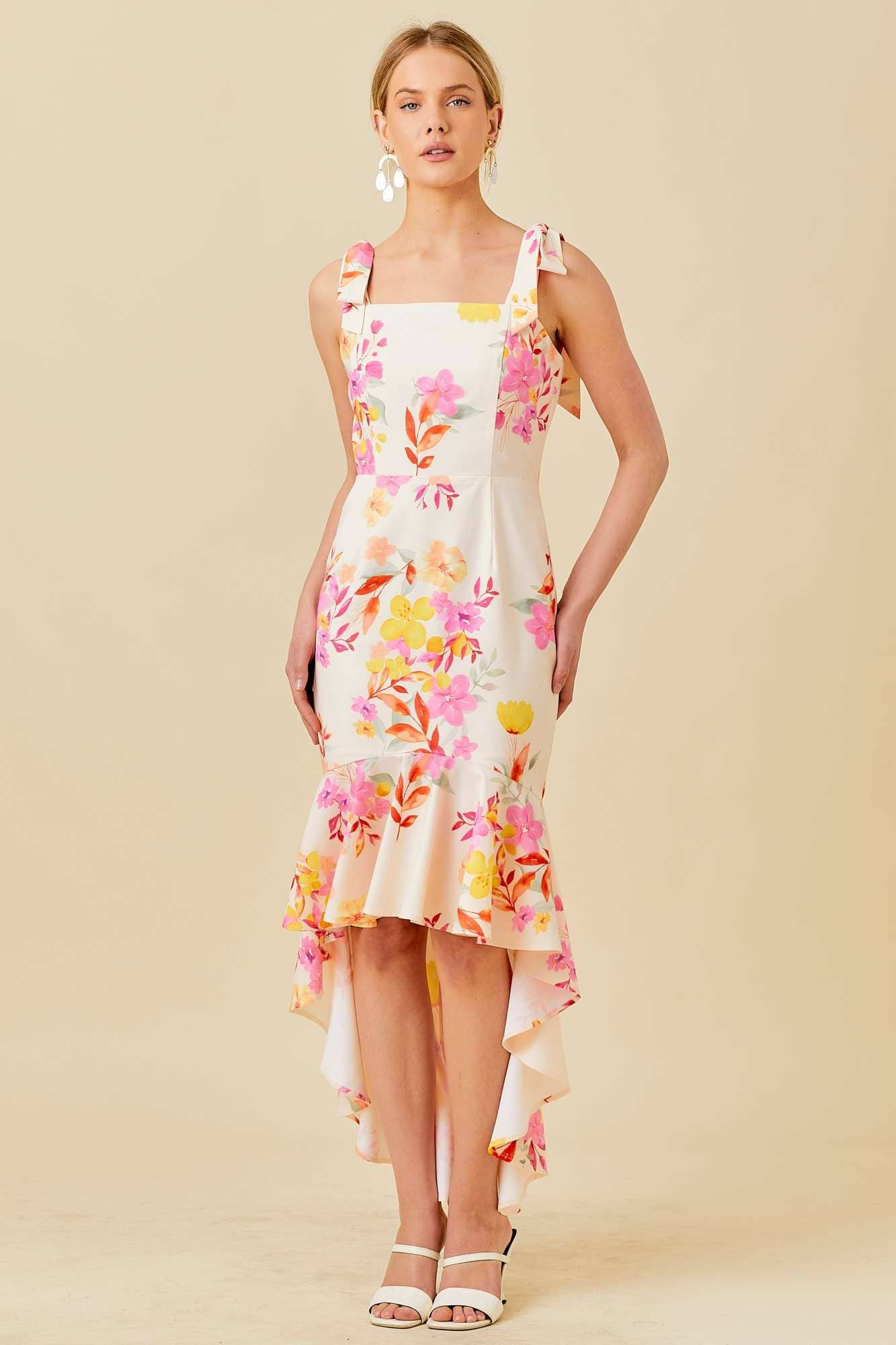 Floral Printed High-Low Ruffled Dress: Floral multi