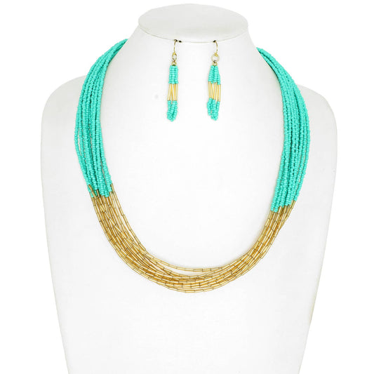 Western Colorful Multi-Strand Bead Necklace Set : Turquoise