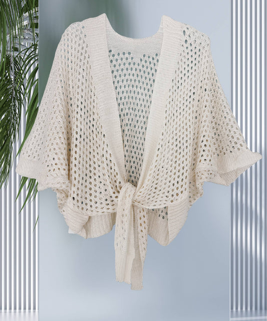 Eyelet Open-Knit Metallic Cardigan with Front Tie