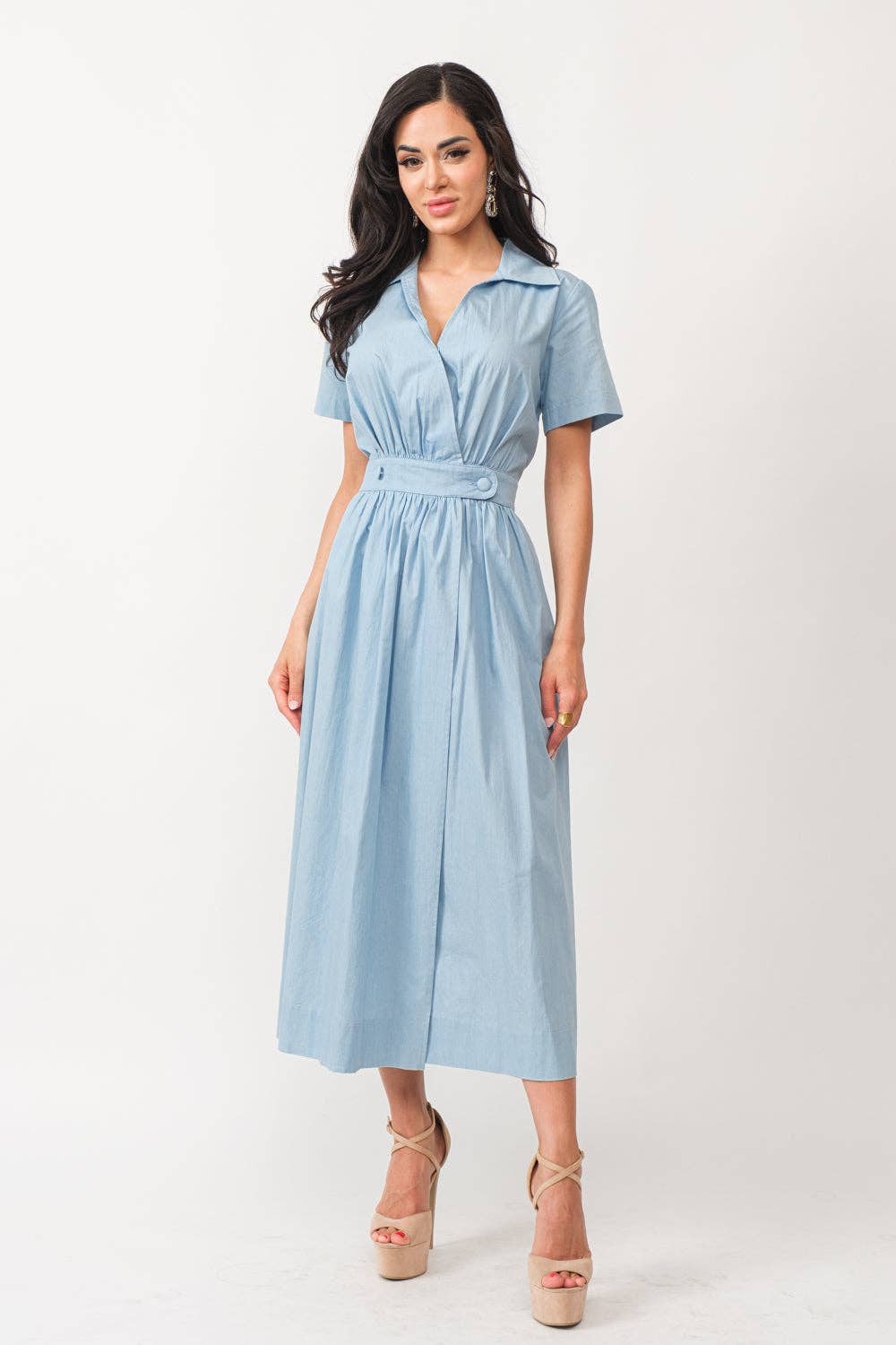 TCS2361-Denim Short Sleeve A-Line Midi Dress LIGHT DENIM