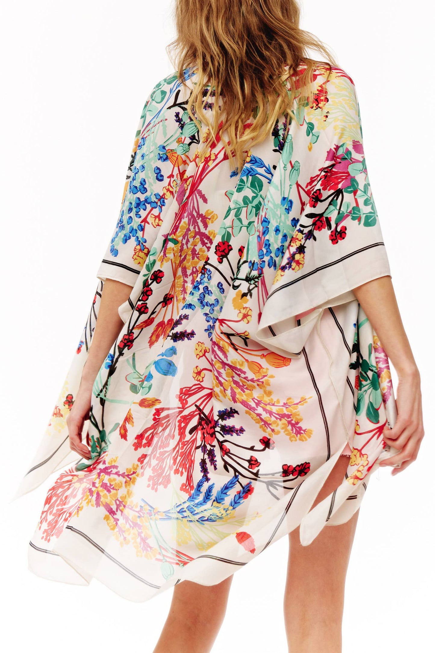 Varied Flowers & Plants Translucent Kimono w/ Contrast Trim: Cream