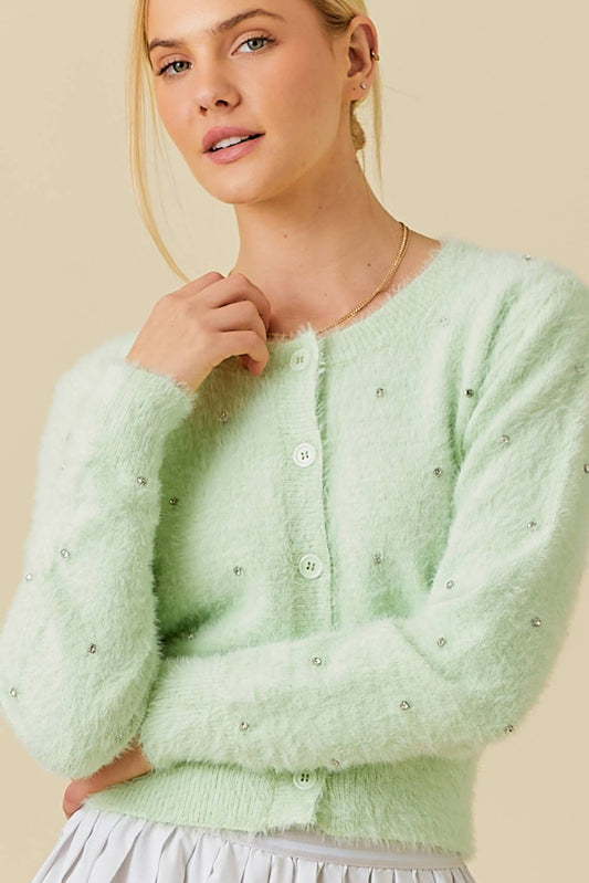 Stone Trim Mohair Cardigan: SAGE