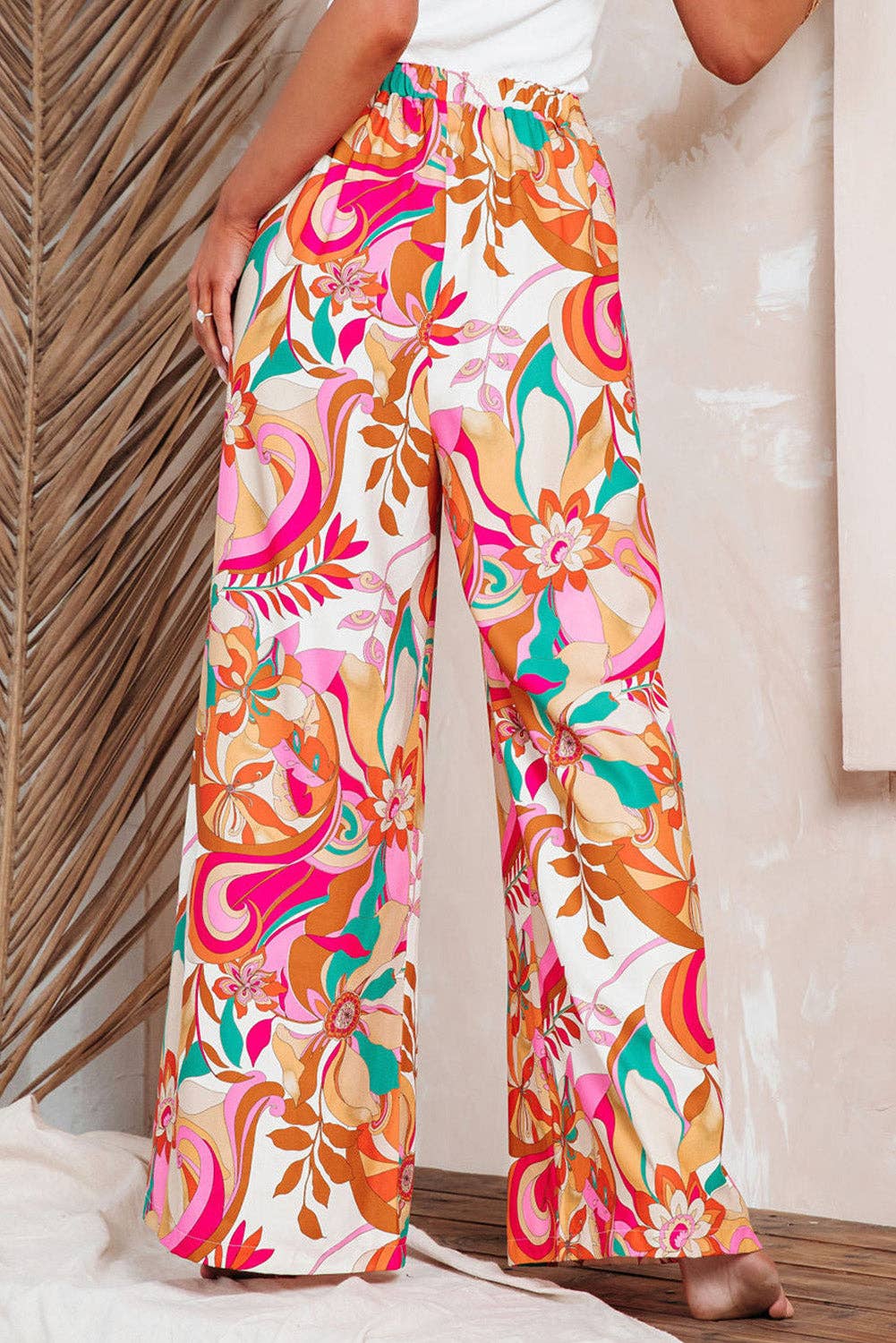 Orange Floral Print Wide Leg Pants: Orange