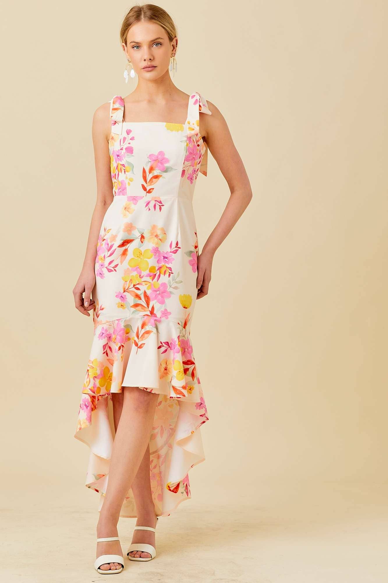 Floral Printed High-Low Ruffled Dress: Floral multi