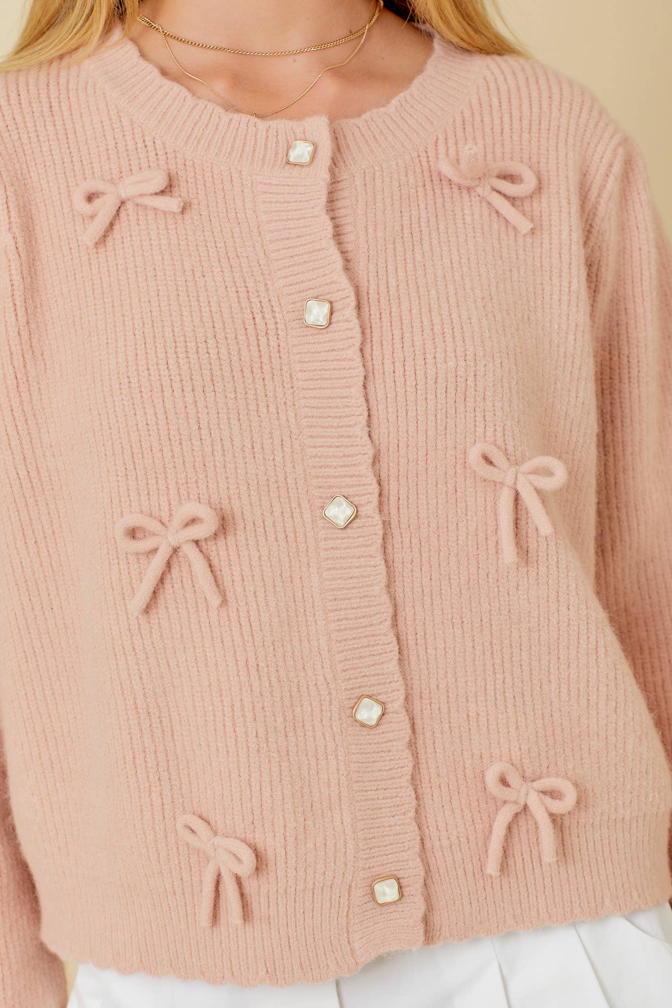 Bow Trim Casual Cardigan: DUSTY PEACH