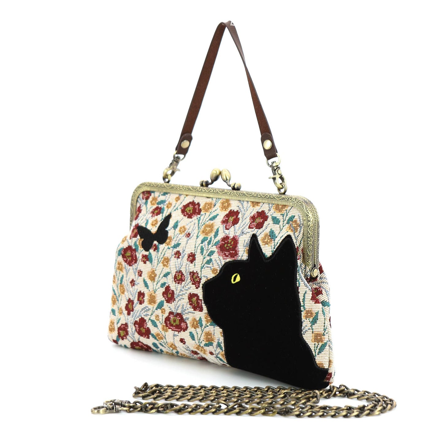 Floral Black Cat Kisslock Bag