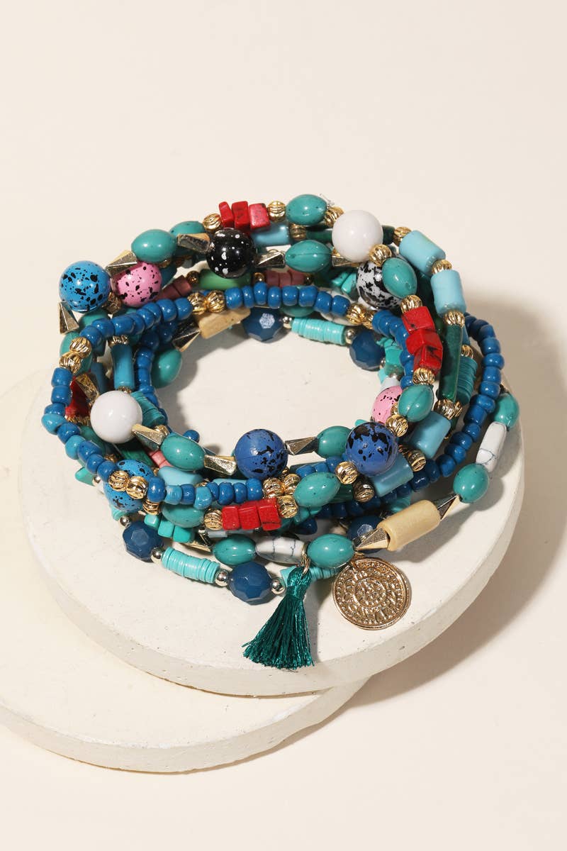 Boho Multi Bead Tassel Bracelet Set