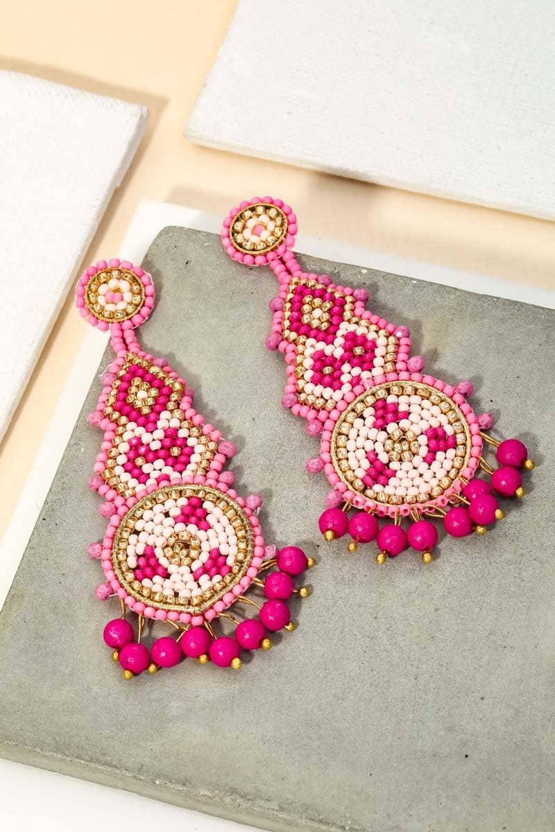 Boho Seed Beaded Fashion Drop Earrings - Fuschia