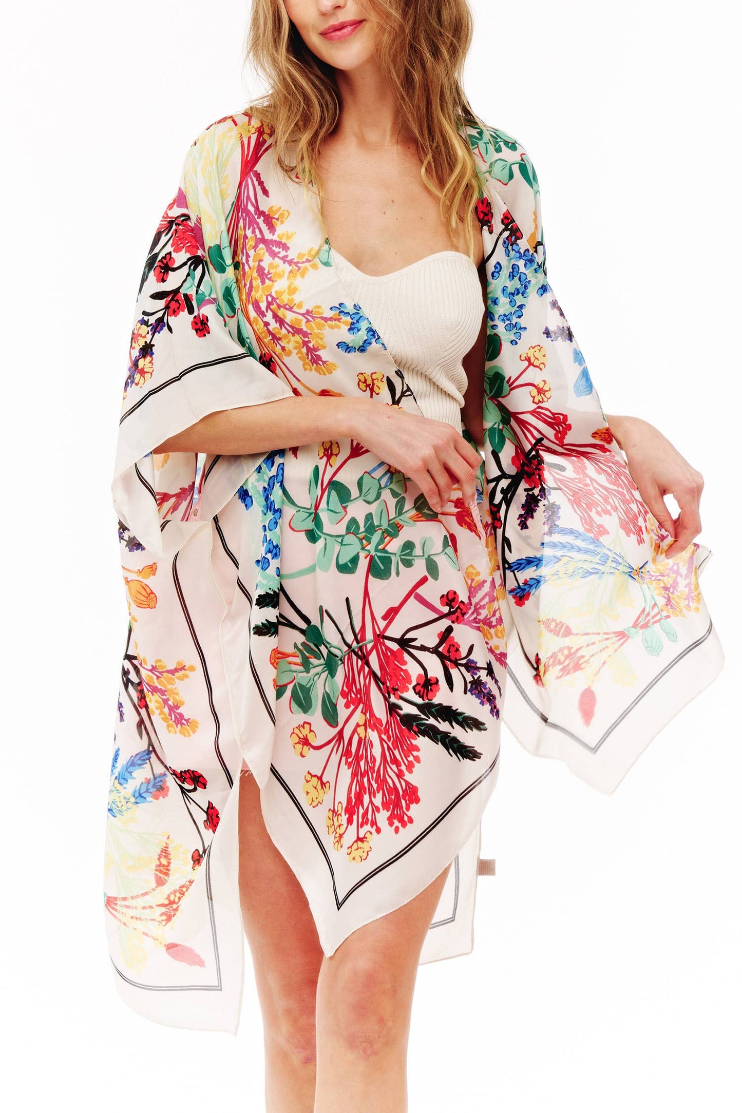 Varied Flowers & Plants Translucent Kimono w/ Contrast Trim: Cream