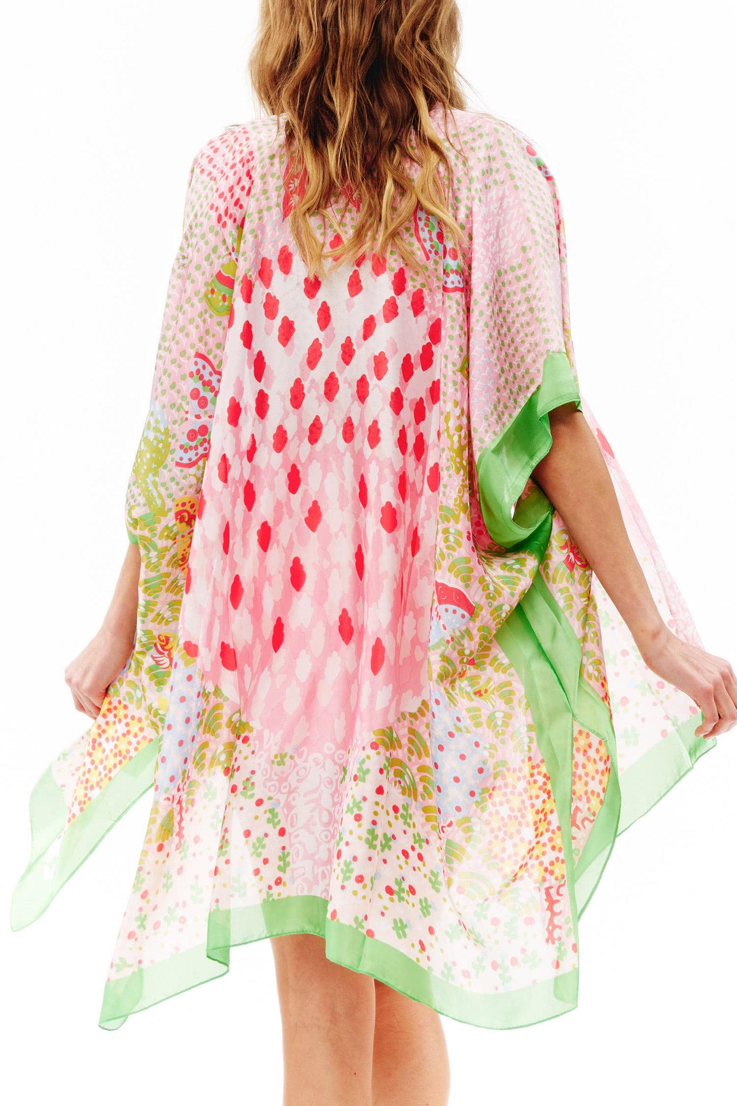 Abstract Multi Print Translucent Cover-Up Kimono: Green Pink