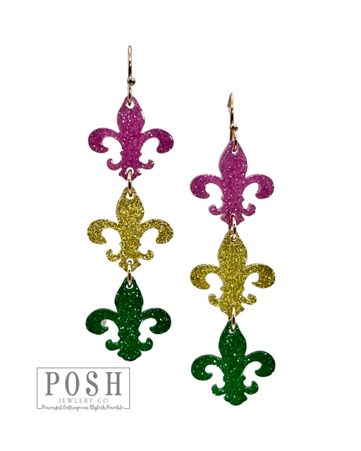 Mardi Gras fleur de lis triple earring