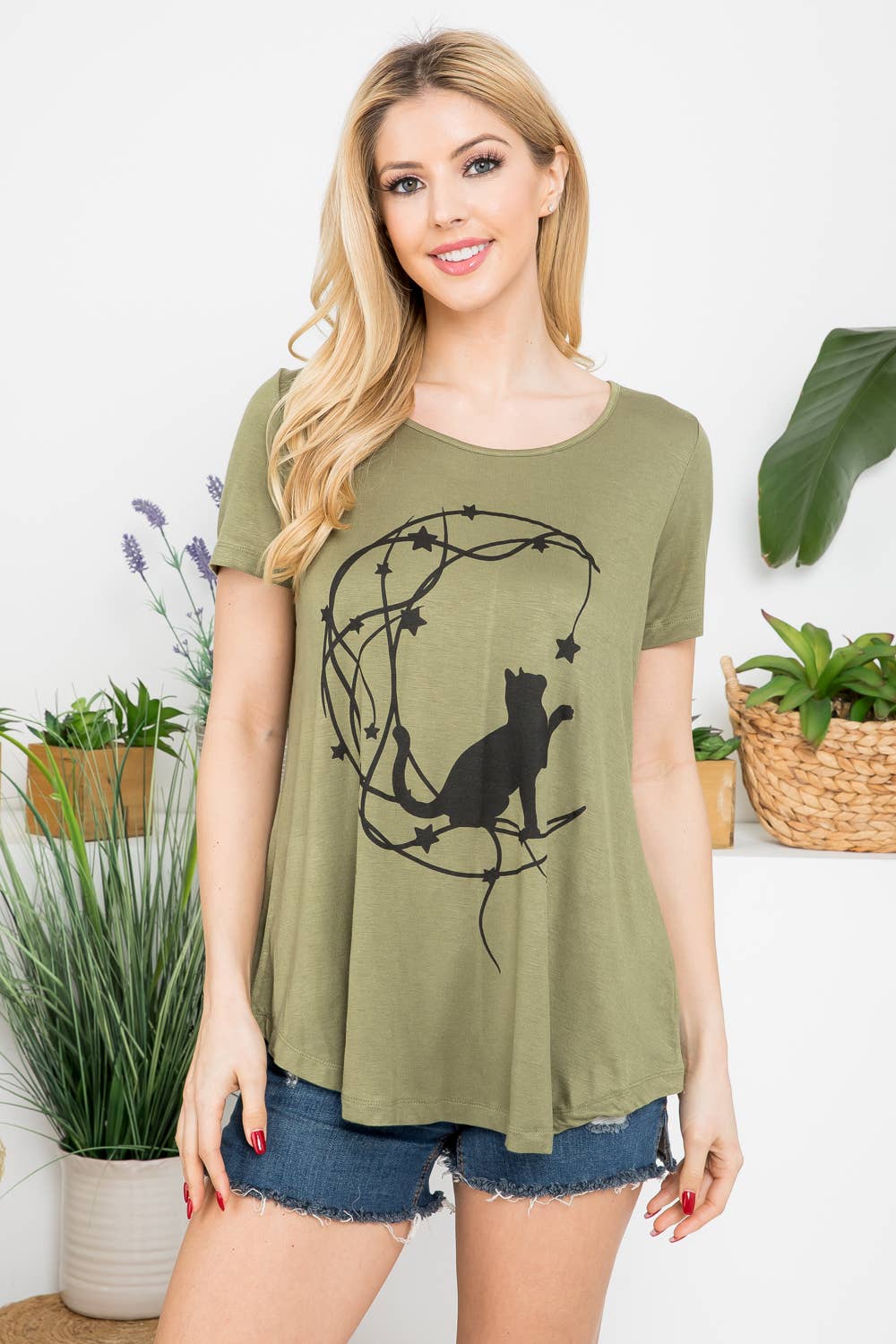 Cat With Moon Print SS Graphic Tee