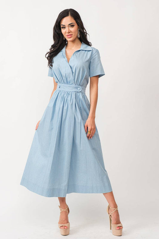 TCS2361-Denim Short Sleeve A-Line Midi Dress LIGHT DENIM