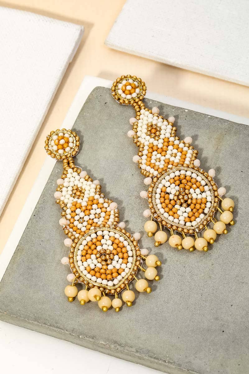 Boho Seed Beaded Fashion Drop Earrings - Ivory