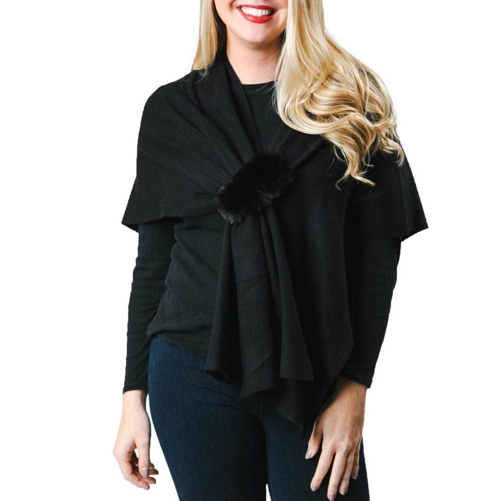 Katie Keyhole Wrap with Faux Fur Loop- Black- Holiday 2023